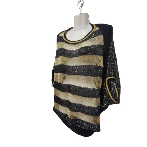 Black Gold Knit Top Metallic Sparkling Open Top Blouse- preloved - Picture 6 of 13